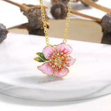 Enamel Peach Blossom Flower Pendant Necklace Crystal Choker