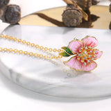 Enamel Peach Blossom Flower Pendant Necklace Crystal Choker