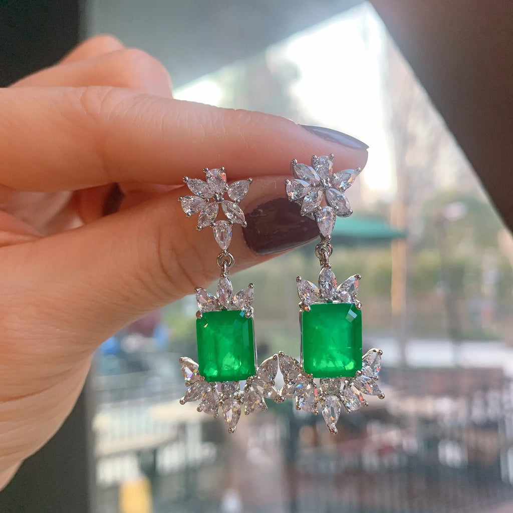 Paraiba Tourmaline Emerald Stones Earrings Silver Color