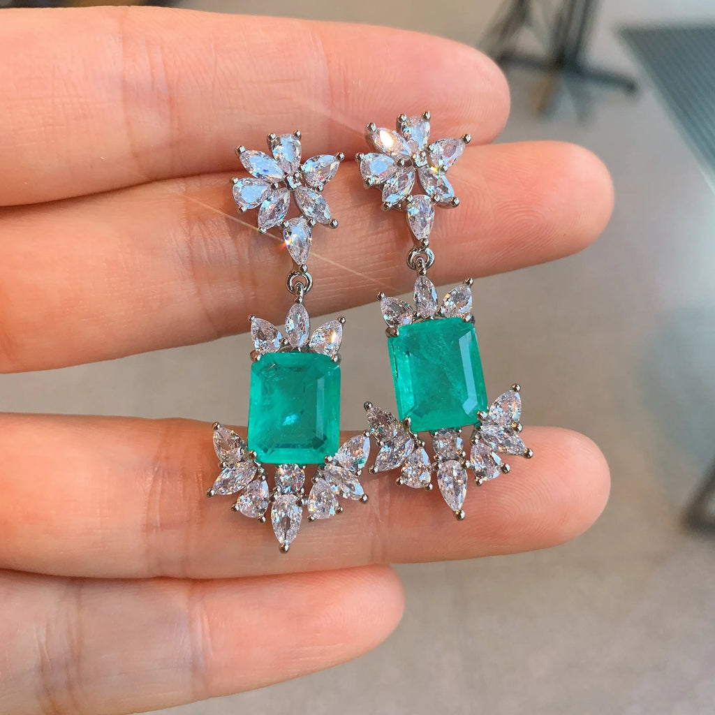 Paraiba Tourmaline Emerald Stones Earrings Silver Color