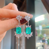Paraiba Tourmaline Emerald Stones Earrings Silver Color