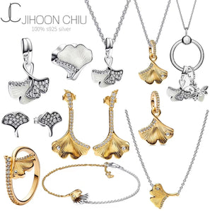 S925 Ginkgo Pendant Earrings Necklace Set