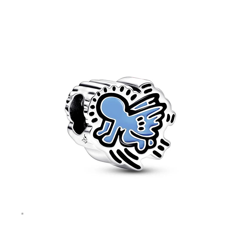 S925 Sterling Silver Running Heart Man Barking Dog Glowing Angel Pendant Set