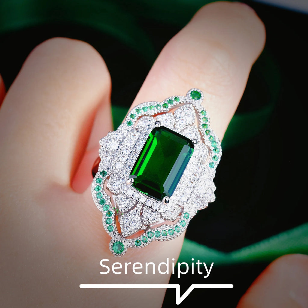 Emerald Gemstone Rings Silver Bling Green Zircon Wedding Jewelry