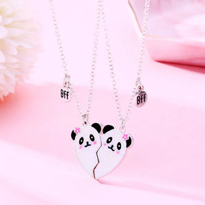 Cartoon Panda Heart Broken Pendant Necklace for Kids Girls