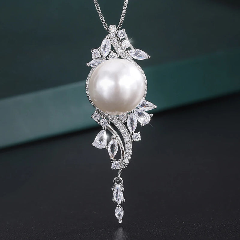 Pearl Pendant Necklace Lab Diamonds Anniversary Gift