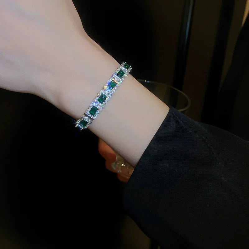 Vintage Green Zircon Silver Tennis Bracelet for Women