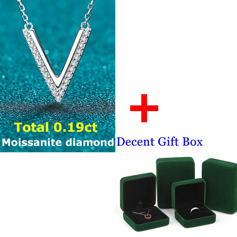 Sterling Silver V Letter Pendant Necklace with Moissanite