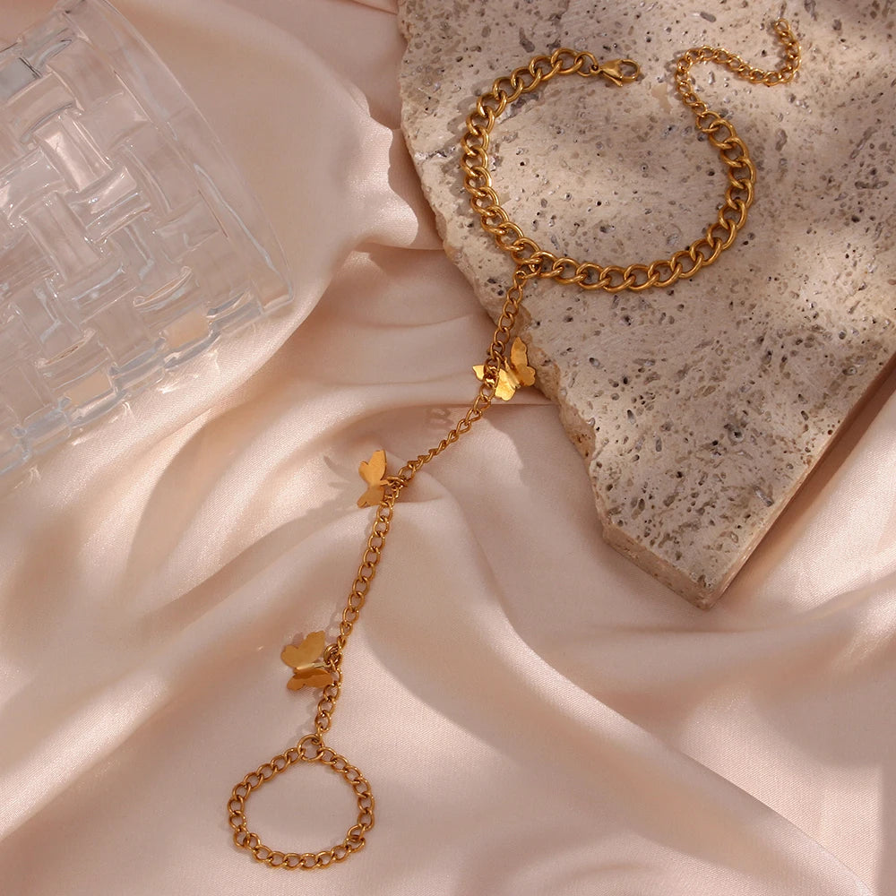 Vintage Butterfly Bracelet with Ring Link Wrist Chain for Women
