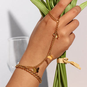Vintage Butterfly Bracelet with Ring Link Wrist Chain for Women