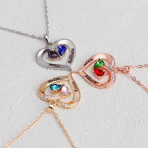 Water Drop Diamond Necklace with Engraved Name & Birthstone Heart Pendant