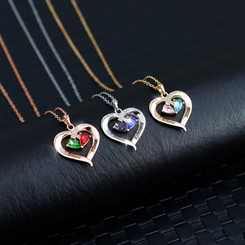 Water Drop Diamond Necklace with Engraved Name & Birthstone Heart Pendant