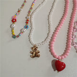 Goth Y2K Heart Flower Bear Pendant Choker Necklace