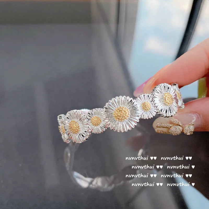 Delicate Small Daisy Flower Bracelet 925 Silver Vintage Bangle Jewelry Gift