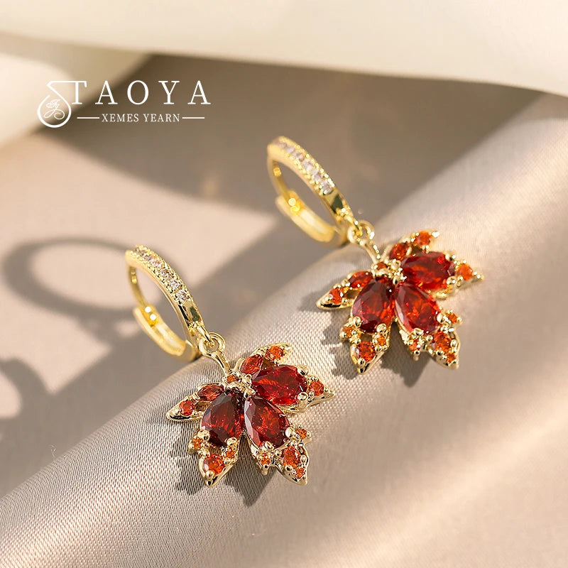 Red Zircon Maple Leaf Pendant Earrings for Women