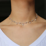 925 Sterling Silver Crystal Rose Silver Dangle Star Cz Drop Choker Necklace