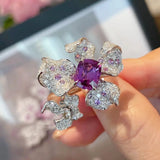 Eternity Amethyst Flower Rings Silver Bling Zirconia Wedding Engagement
