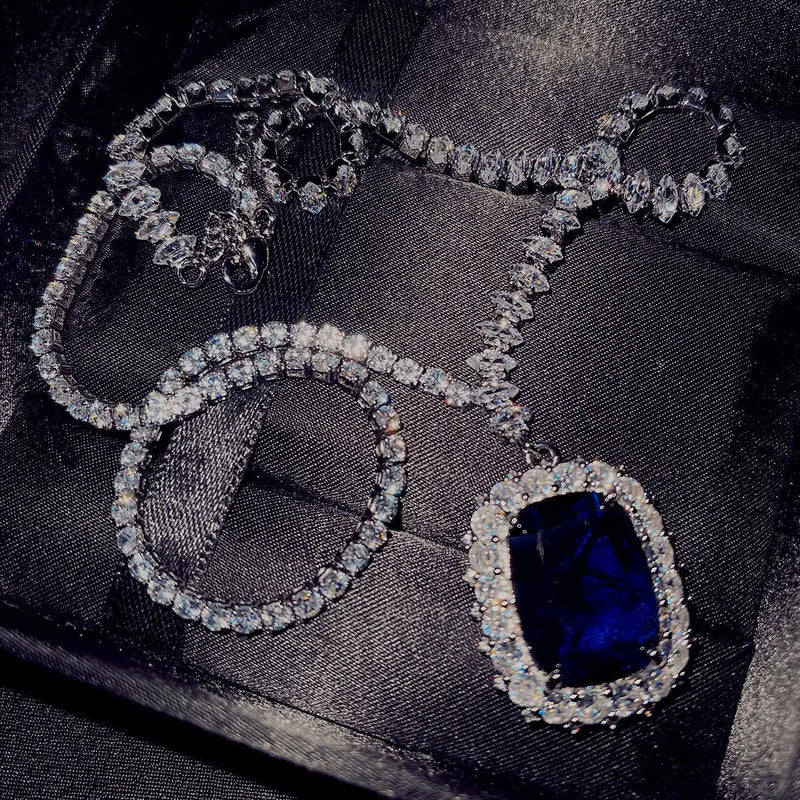 Huge Sapphire Pendant Necklace 925 Sterling Silver CZ Chain
