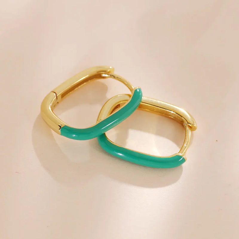 925 Silver Plated Green Enamel Hoop Earrings Square Piercing Jewelry