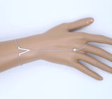925 Silver Chevron Charm Cz Station Chain Bracelet with Ring Chain