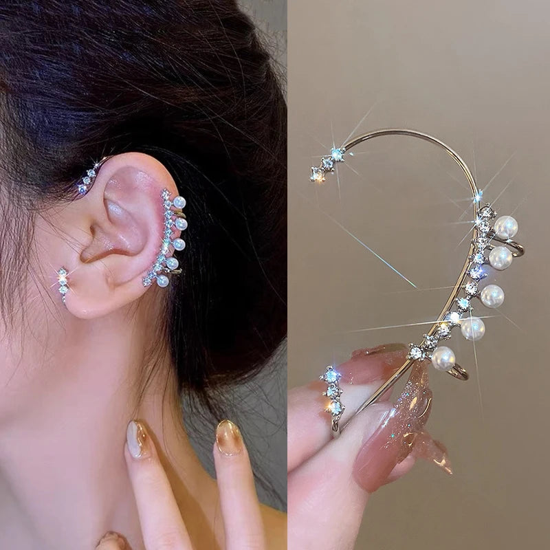 Geometric Crystal Pearl Clip Earrings for Women Girls Ear Cuffs