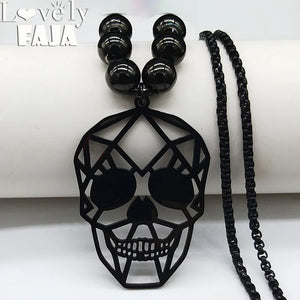 Gothic Skull Stainless Steel Necklace Women Long Bead Necklaces Pendant