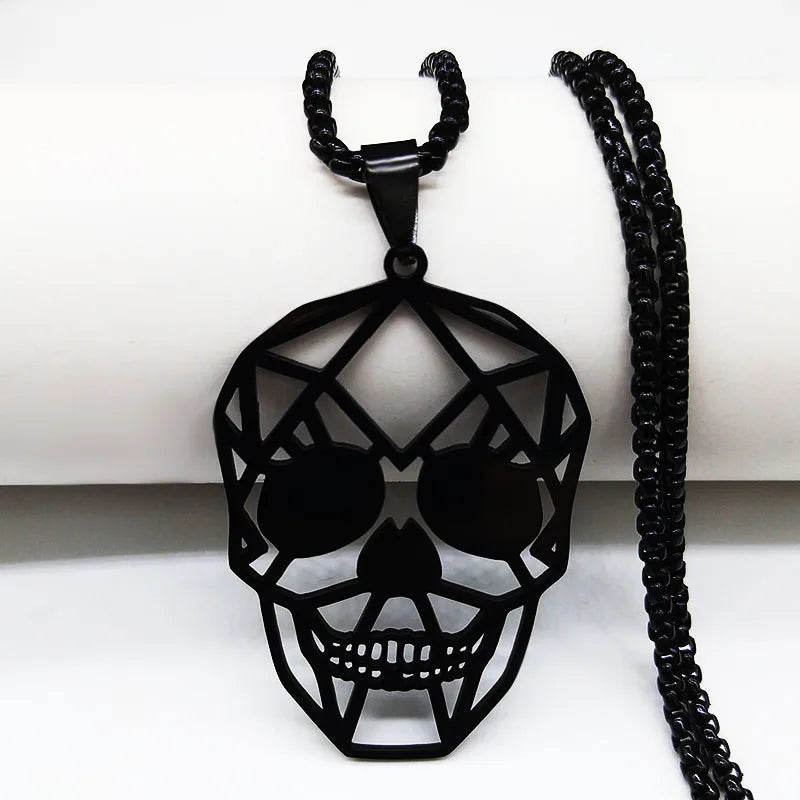 Gothic Skull Stainless Steel Necklace Women Long Bead Necklaces Pendant