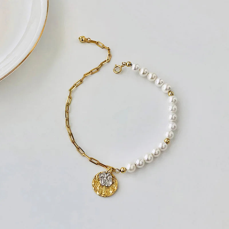 925 Silver Portrait Coin Link Chain Shell Pearl Bracelet