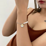 925 Silver Portrait Coin Link Chain Shell Pearl Bracelet
