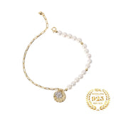 925 Silver Portrait Coin Link Chain Shell Pearl Bracelet