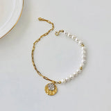 925 Silver Portrait Coin Link Chain Shell Pearl Bracelet