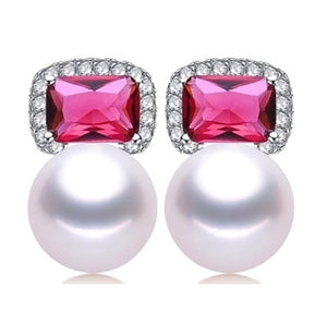 Freshwater Pearl Red Zircon Stud Earrings 925 Silver Wedding Jewelry