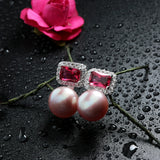 Freshwater Pearl Red Zircon Stud Earrings 925 Silver Wedding Jewelry