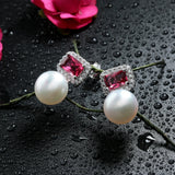 Freshwater Pearl Red Zircon Stud Earrings 925 Silver Wedding Jewelry
