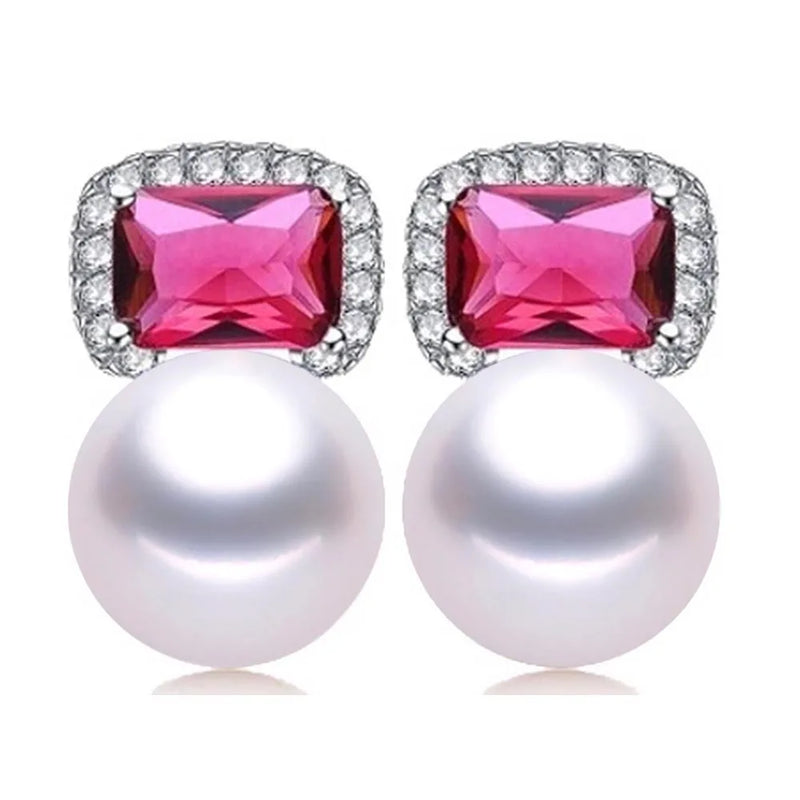 Freshwater Pearl Red Zircon Stud Earrings 925 Silver Wedding Jewelry