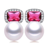 Freshwater Pearl Red Zircon Stud Earrings 925 Silver Wedding Jewelry