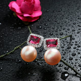 Freshwater Pearl Red Zircon Stud Earrings 925 Silver Wedding Jewelry