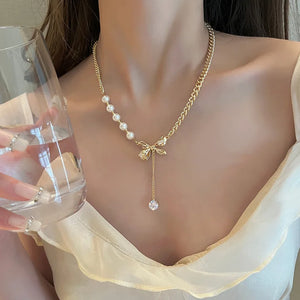 Pearl Bow Pendant Necklace Clavicle Chain Party Gift