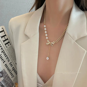 Pearl Bow Pendant Necklace Clavicle Chain Party Gift