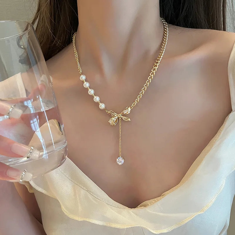 Pearl Bow Pendant Necklace Clavicle Chain Party Gift