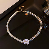 Vintage Pearl Crystal Camellia Necklace for Women