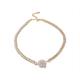 Vintage Pearl Crystal Camellia Necklace for Women