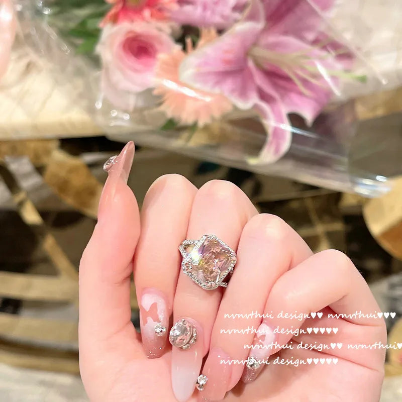 Pink Lab Diamond Ring Silver CZ Crystal Wedding Engagement Bride Jewelry