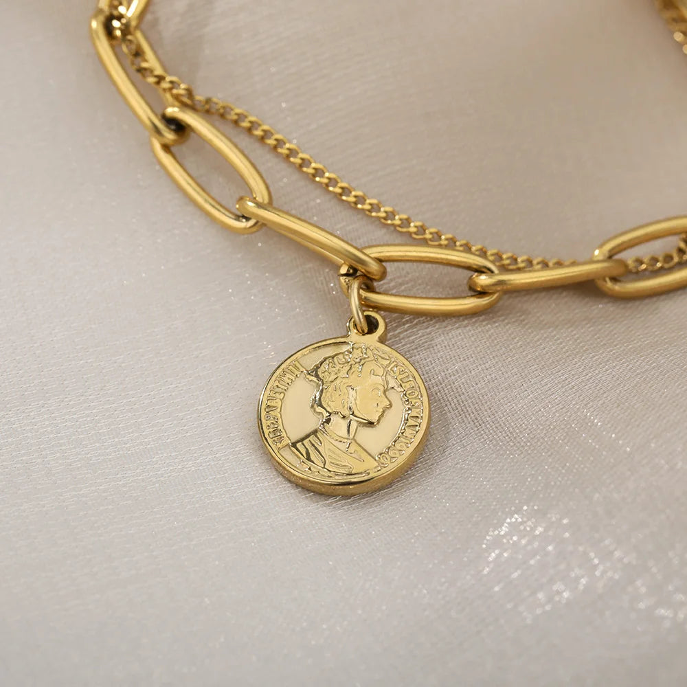 Vintage Portrait Coin Pendant Chain Bracelet