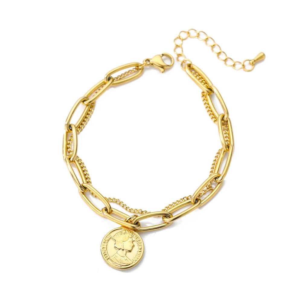 Vintage Portrait Coin Pendant Chain Bracelet