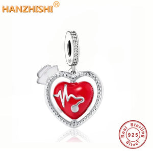 925 Sterling Silver Heart Dangle Charms Beads Bracelet Necklace Jewelry