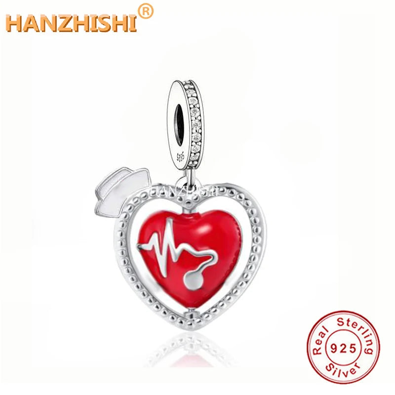 925 Sterling Silver Heart Dangle Charms Beads Bracelet Necklace Jewelry