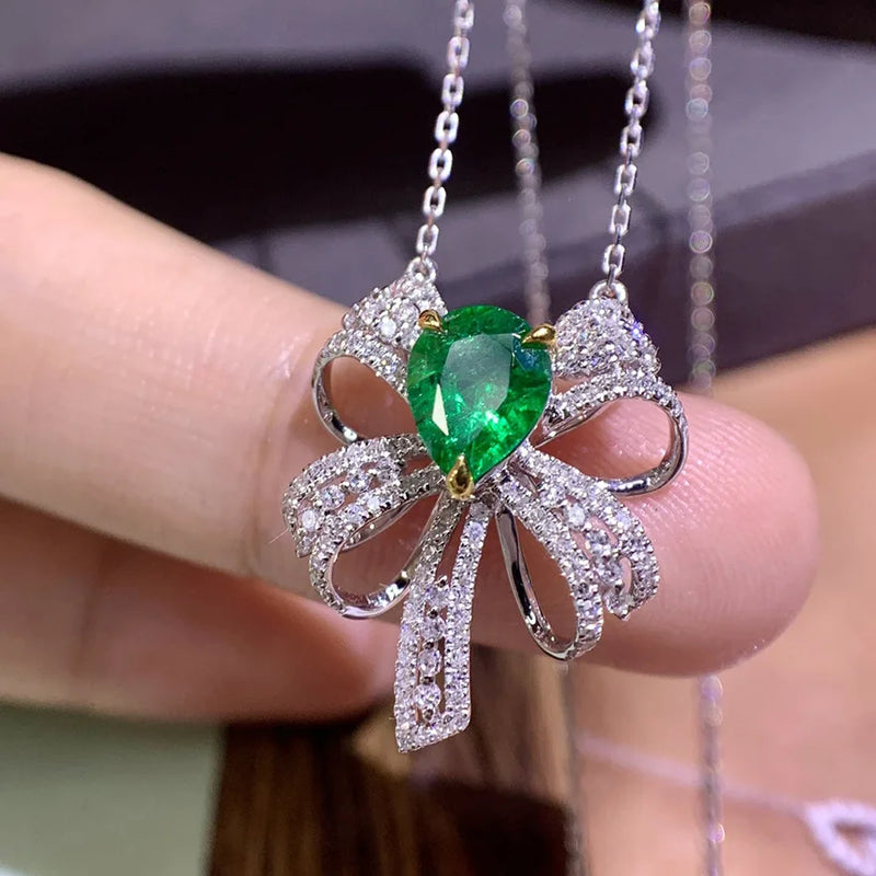 Emerald Gemstone Bow Pendant Necklace Bling Zircon Fine Jewelry