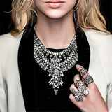 Vintage Silver Plated Statement Choker Necklace Women Indian Ethnic Crystal Bib