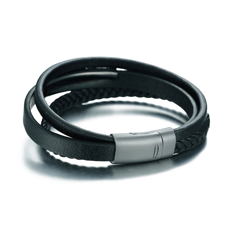 Stainless Steel Leather Three Circles Men's Bracelet